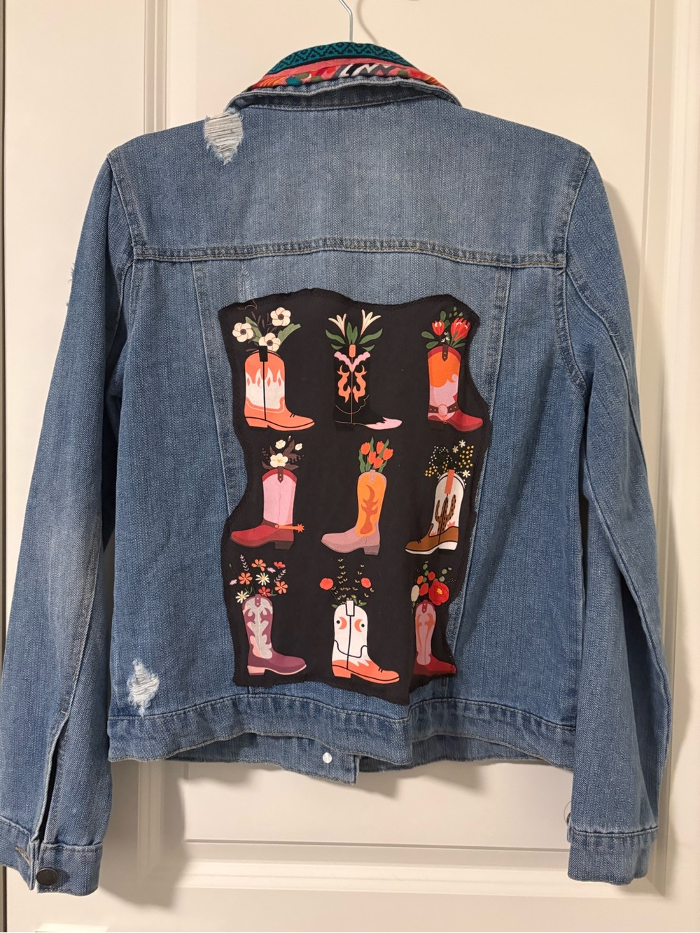Women’s Upcycle Light Wash Denim Jacket with Red Patterned Collar
